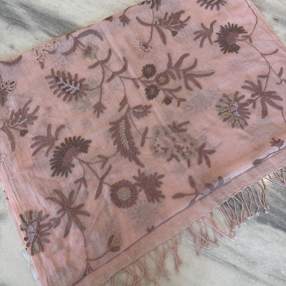 Vintage Pink Mauve Floral Scarf Pashmina Shawl W/ Fringe 100% Wool 76 x 26.5”